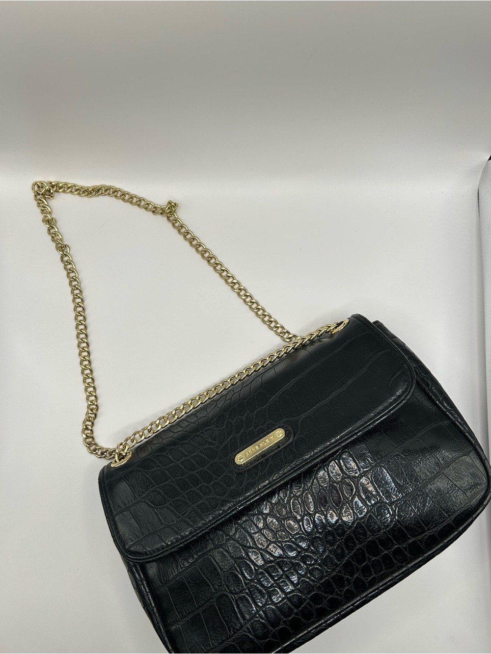 Anne Klein Black Croc-Embossed Shoulder Bag with Gold Chain - Picture 2 of 9